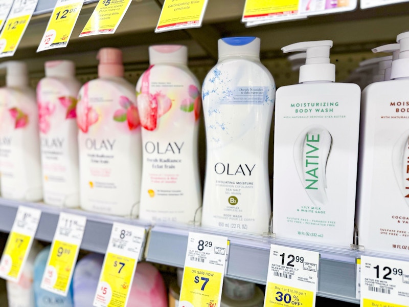 olay body wash on a shelf
