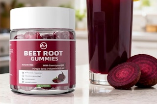 container of beet root gummies next to drink and beat