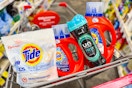 tide and downy laundry products in a cart