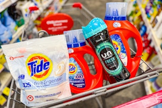 tide and downy laundry products in a cart