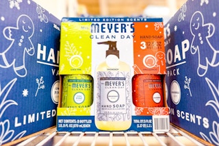 mrs meyers holiday hand soap on store shelf