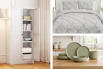 3 lifestyle images of home goods from Target (storage cabinet, bed set and dinnerware set)