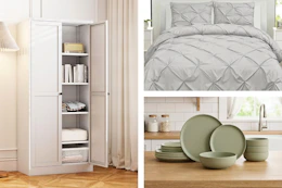 3 lifestyle images of home goods from Target (storage cabinet, bed set and dinnerware set)