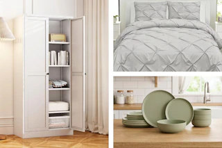 3 lifestyle images of home goods from Target (storage cabinet, bed set and dinnerware set)