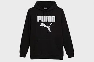 a black puma hoodie on a gray background