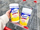 two lysol wipes canisters in a shopping cart