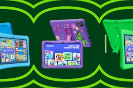collage image of blue, purple, and green tablets on a green background