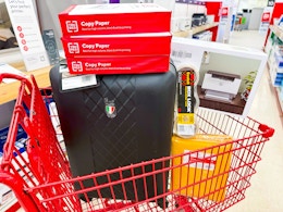 a staples cart filled with easy deals items