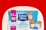 petsmart fresh step cat litter and royal canin cat food on red and cream background