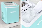2 lifestyle images of a teal Igloo ice maker with close up shot of ice shape