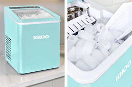 2 lifestyle images of a teal Igloo ice maker with close up shot of ice shape
