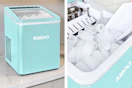 2 lifestyle images of a teal Igloo ice maker with close up shot of ice shape