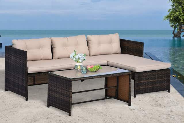 Wicker 3-Piece Patio Set With Cushions, Only $233 at Bed Bath & Beyond card image