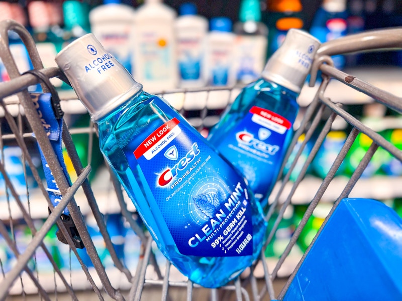 two crest pro health mouthwash bottles in walmart cart