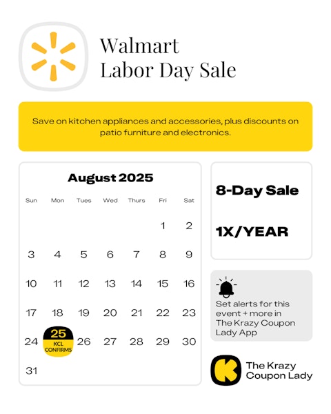 Calendar Graphic with Walmart Labor Day Sale starting on Aug 25, 2025