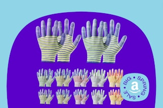 12 pairs of gardening gloves on purple and blue background