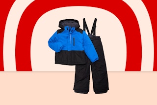 blue and black winter jacket and snow pant set