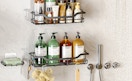 shower caddy shelves on a wall with products