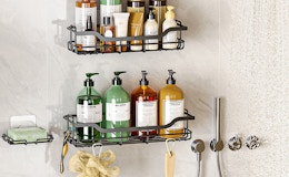 shower caddy shelves on a wall with products