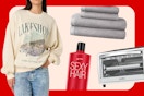 collage of towels, a toaster oven, shampoo and a sweatshirt from JCP