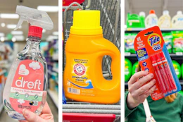 collage of dreft stain remover, arm & hammer detergent, and tide pens