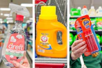 collage of dreft stain remover, arm & hammer detergent, and tide pens