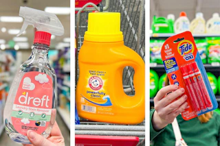 collage of dreft stain remover, arm & hammer detergent, and tide pens