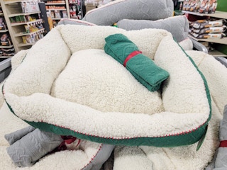 green & white pet bed