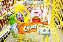 groceries in a yellow shopping cart