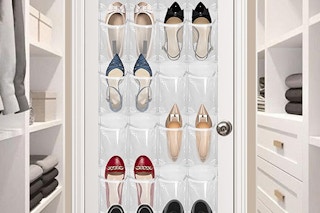 a shoe organizer on the back of the door