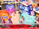 cvs shopping cart with tide, venus, crest, pampers, and monday products