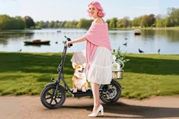 Lifestyle image of a woman with pink hair on a Commuter Electric Scooter with Seat & Carry Basket 