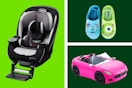 Safety 1st Car Seat, Monsters Inc. slippers, and Barbie toy car