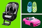 Safety 1st Car Seat, Monsters Inc. slippers, and Barbie toy car