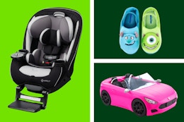 Safety 1st Car Seat, Monsters Inc. slippers, and Barbie toy car