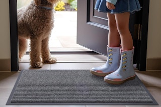 A grey-black doormat with horizontal grooves lays in front of an open door where a fleecy dog and a child in a skirt stand