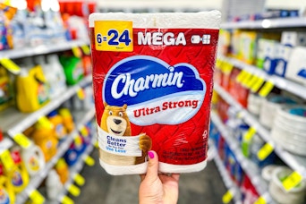 person holding a package of charmin toilet paper in an aisle