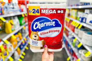 person holding a pack of charmin toilet paper in an aisle