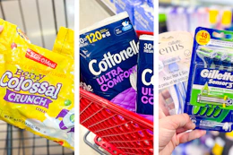 collage with cottonelle, gillette, and malt-o-meal cereal