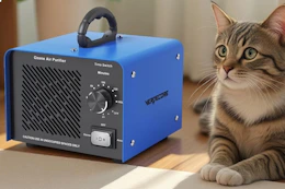 cat laying next to ozone generator