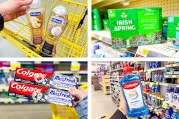 dollar general softsoap, irish spring, crest, colgate 4-photo collage