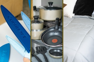 collage of cookware set, cuisinart knife set and a comforter