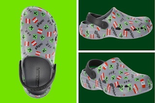 collage image of a minecraft themed clog shoe