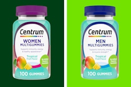 Two bottles of Centrum Tropical Multivitamin Gummies on KCL template