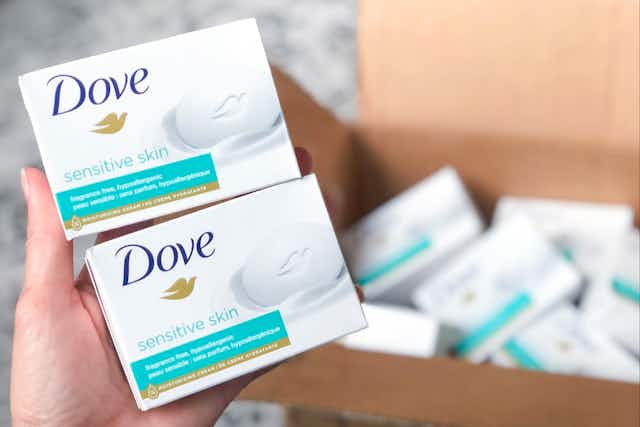 Dove Sensitive Skin Beauty Bars 14-Pack, Now $8.24 on Amazon card image