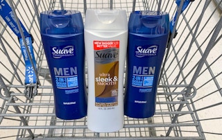three bottles of suave hair care in a walmart cart