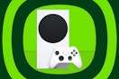 A white Microsoft Xbox Series S over green hypnosis background
