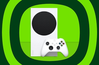 A white Microsoft Xbox Series S over green hypnosis background