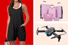 Women's romper, 5-piece luggage set & drone