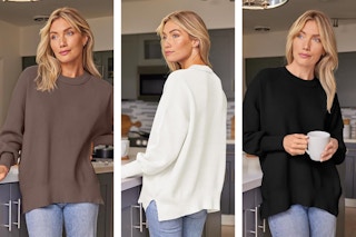 collage of a woman wearing different colored sweaters